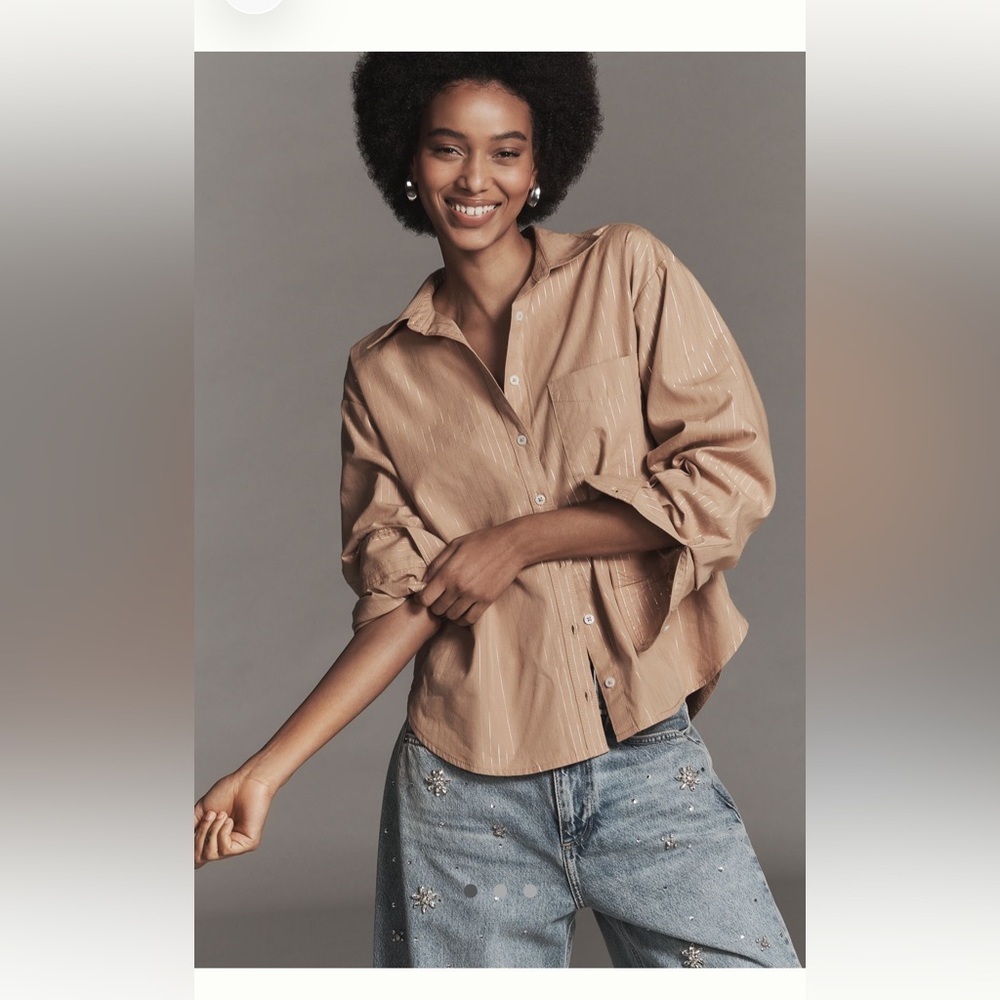 Anthropologie Maeve Shrunken Bennet Lurex Stripe Brown Button-Down Shirt